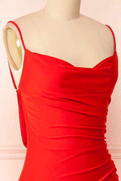 Kristen Red Fitted Maxi Dress w/ Cowl Neck | Boutique 1861 side close-up