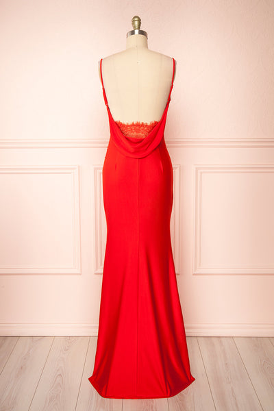 Kristen Red Fitted Maxi Dress w/ Cowl Neck | Boutique 1861 back view