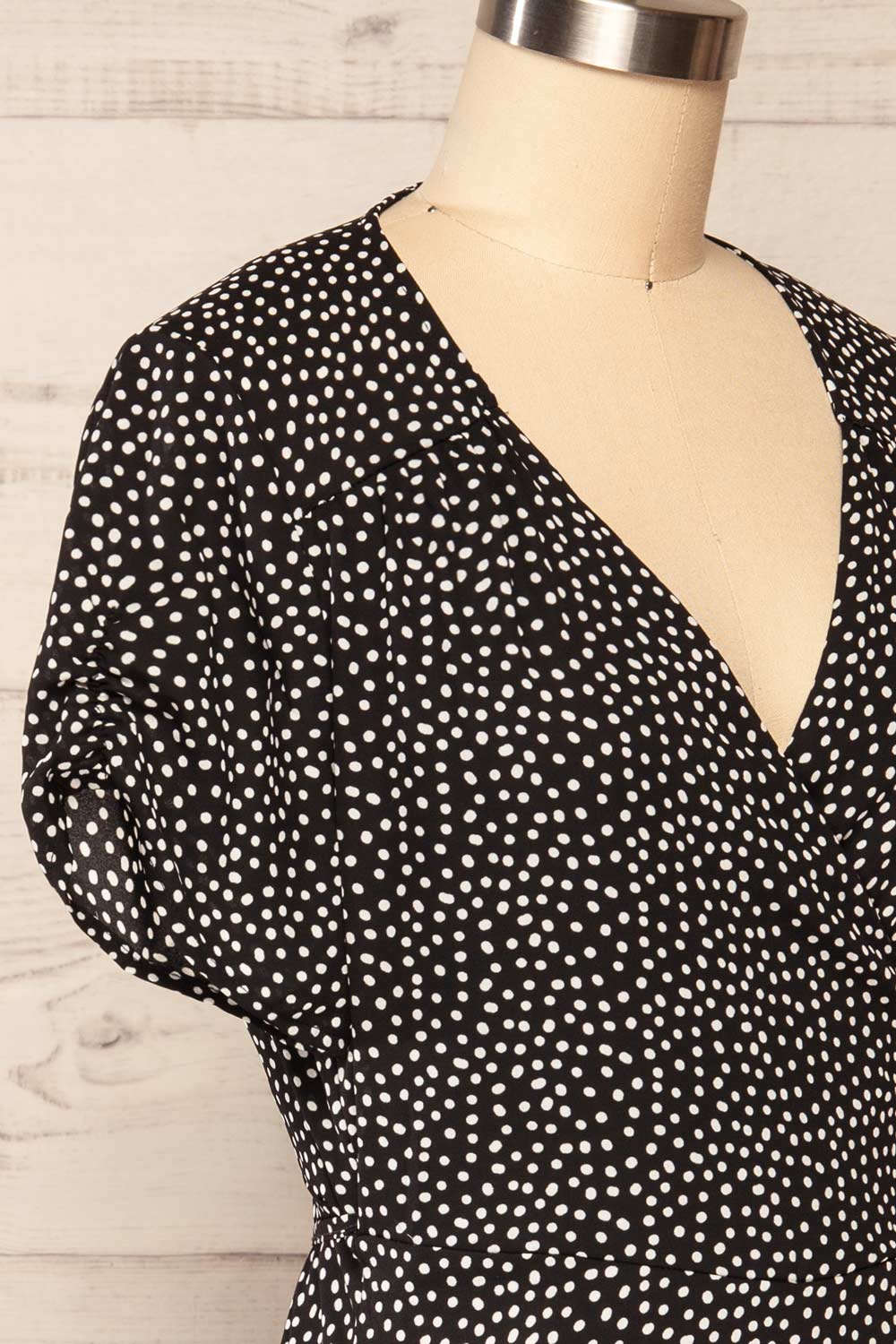 Krustil Black Polka Dot Short Wrap Dress | La petite garçonne side close up