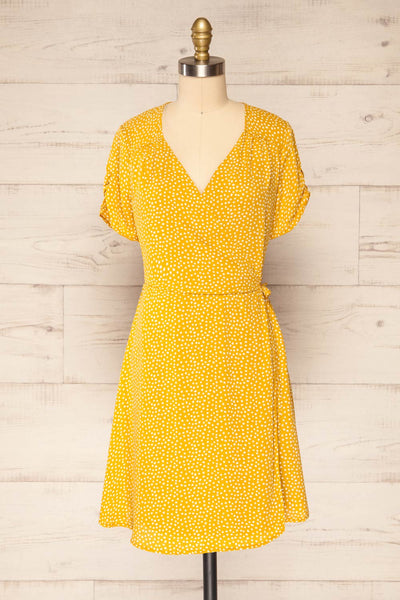 Krustil Mustard Polka Dot Short Wrap Dress | La petite garçonne front view