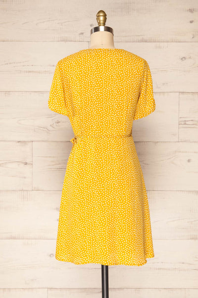 Krustil Mustard Polka Dot Short Wrap Dress | La petite garçonne back view