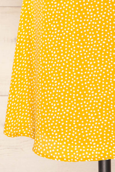 Krustil Mustard Polka Dot Short Wrap Dress | La petite garçonne close up