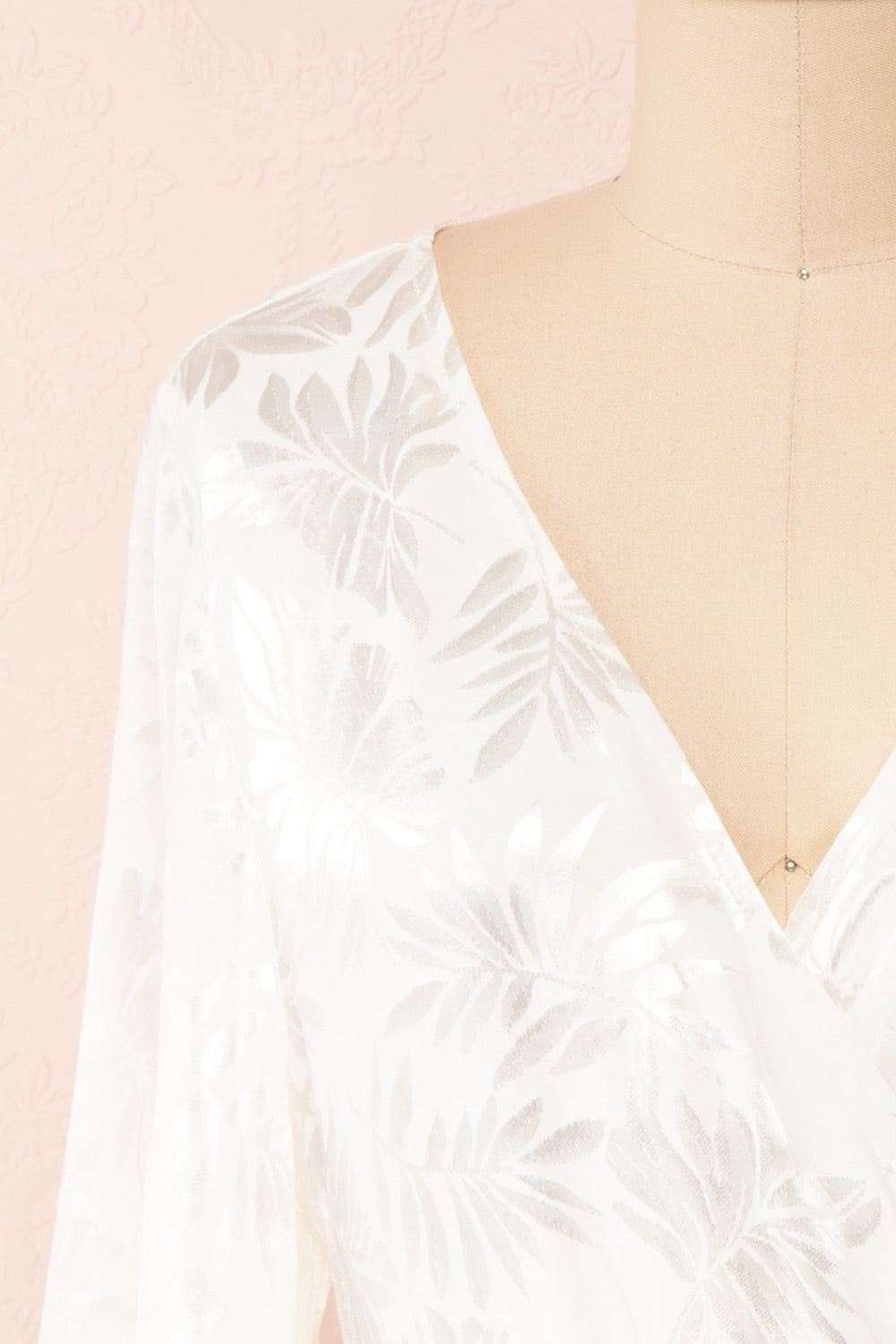 Krystal Satin Wrap Dress w/ Leaf Print | Boutique 1861 front close-up