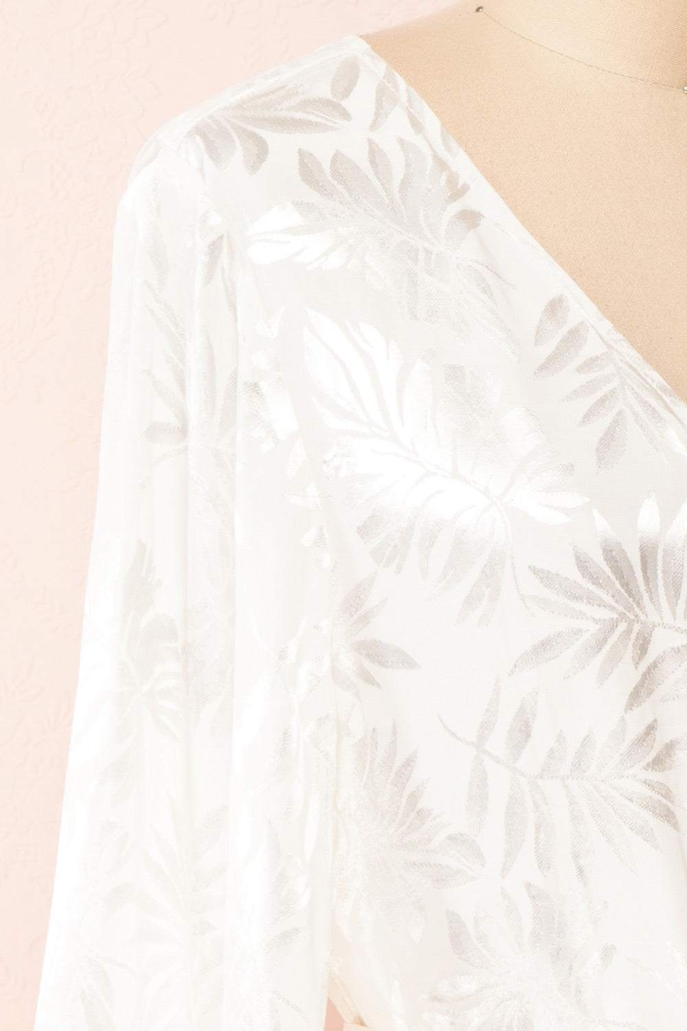 Krystal Satin Wrap Dress w/ Leaf Print | Boutique 1861 side close-up