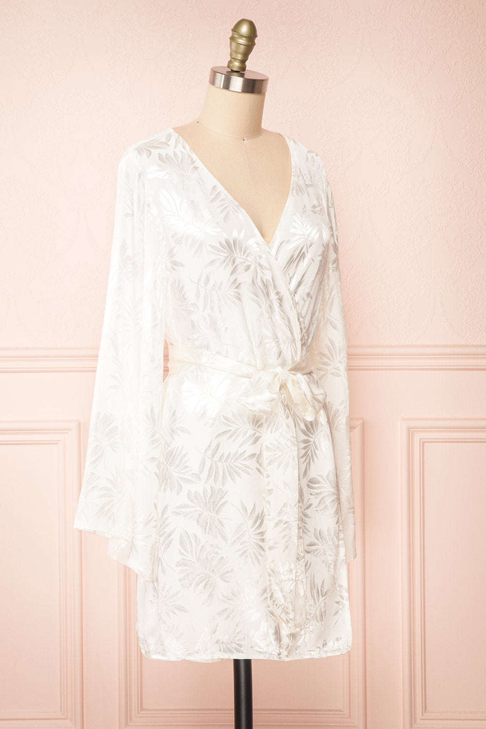 Krystal Satin Wrap Dress w/ Leaf Print | Boutique 1861 side view