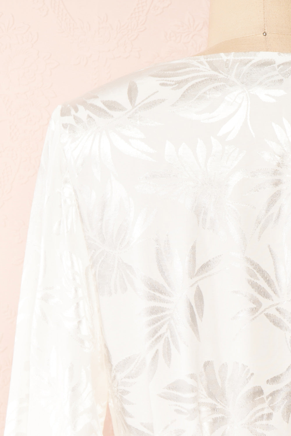 Krystal Satin Wrap Dress w/ Leaf Print | Boutique 1861 back close-up