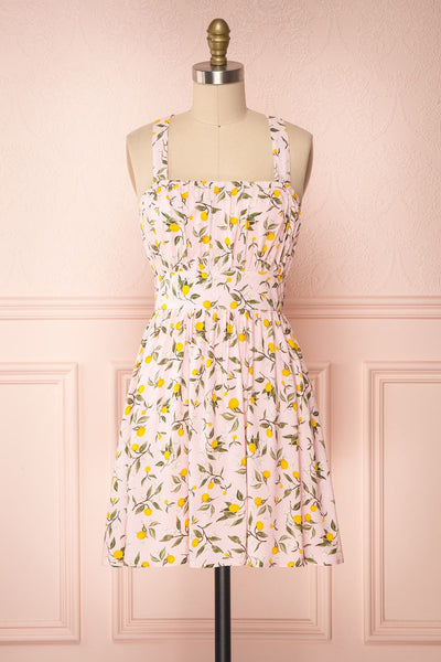 Kudowa Pink Lemon Print Flared Short Dress front view | Boutique 1861