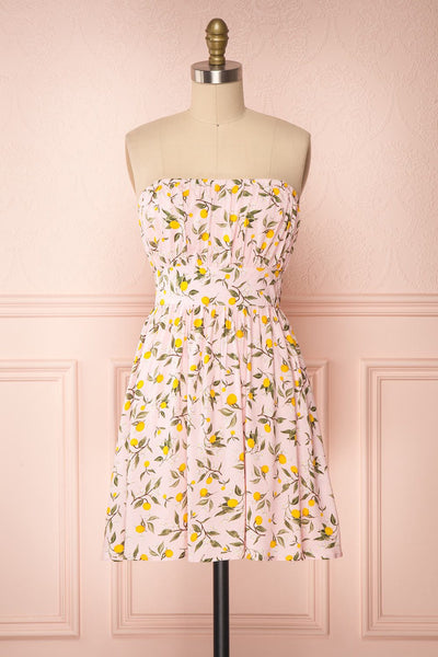 Kudowa Pink Lemon Print Flared Short Dress front view no strap | Boutique 1861