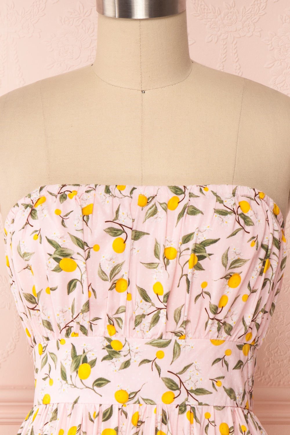 Kudowa Pink Lemon Print Flared Short Dress front close up no strap | Boutique 1861