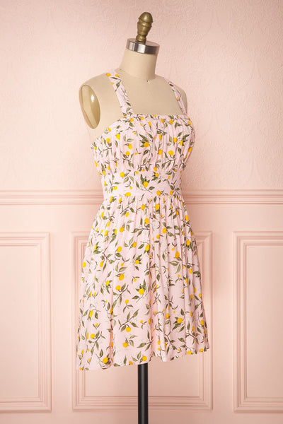 Kudowa Pink Lemon Print Flared Short Dress side view | Boutique 1861