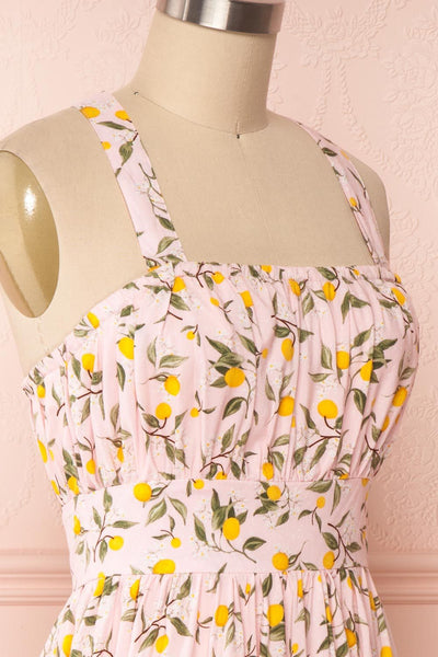 Kudowa Pink Lemon Print Flared Short Dress side close up | Boutique 1861