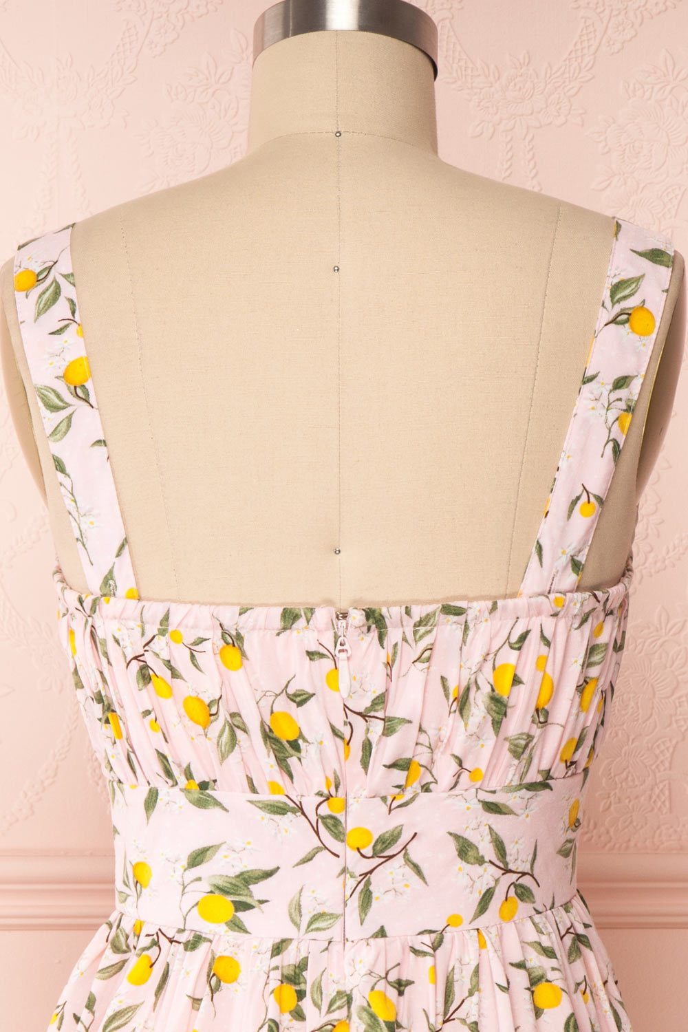 Kudowa Pink Lemon Print Flared Short Dress back close up | Boutique 1861