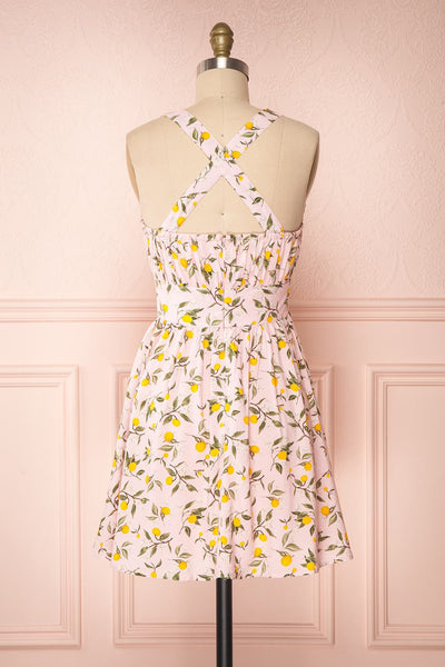 Kudowa Pink Lemon Print Flared Short Dress back view cross | Boutique 1861