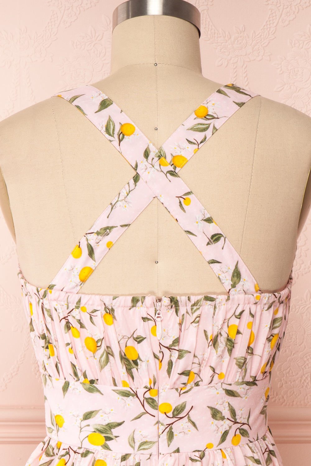 Kudowa Pink Lemon Print Flared Short Dress back close up cross | Boutique 1861