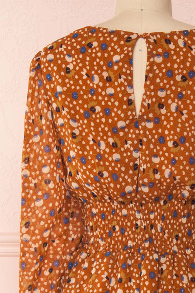 Kyrylo Ochre Floral Midi Dress w/ Long Sleeves | Boutique 1861 back close-up