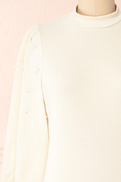 Lachesis White 3/4 Sleeve Top with Pearls | Boutique 1861 front close-up