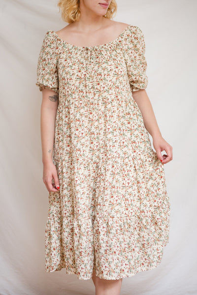 Laksha Beige Floral Puffy Sleeve Midi Dress w/ Ruffles | Boutique 1861 model
