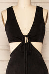 Lalali Black Shimmery Jumpsuit w/ Deep V-Neckline| La Petite Garçonne front close-up