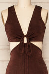 Lalali Brown Shimmery Jumpsuit w/ Deep V-Neckline| La Petite Garçonne front close-up