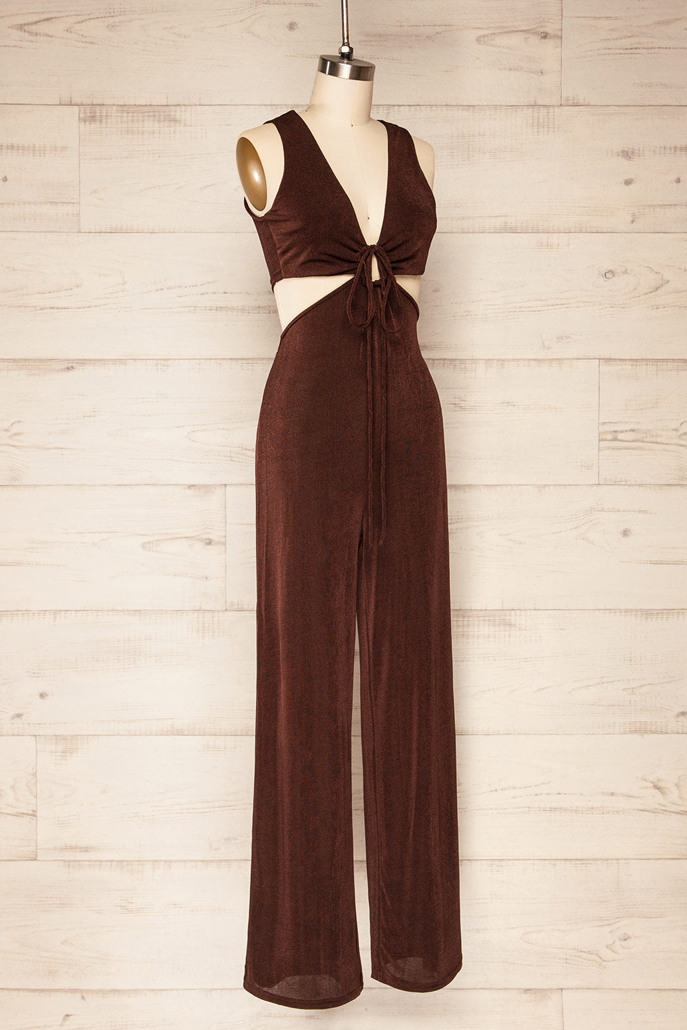 Lalali Brown Shimmery Jumpsuit w/ Deep V-Neckline| La Petite Garçonne side view