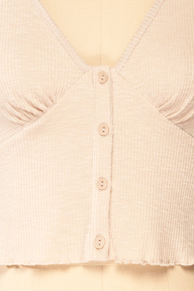 Lamegos Ribbed Cropped Top w/ Frills | La petite garçonne buttons close-up