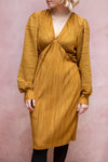 Lamia Mustard Pleated Puffy Long Sleeve Dress | La petite garçonne model