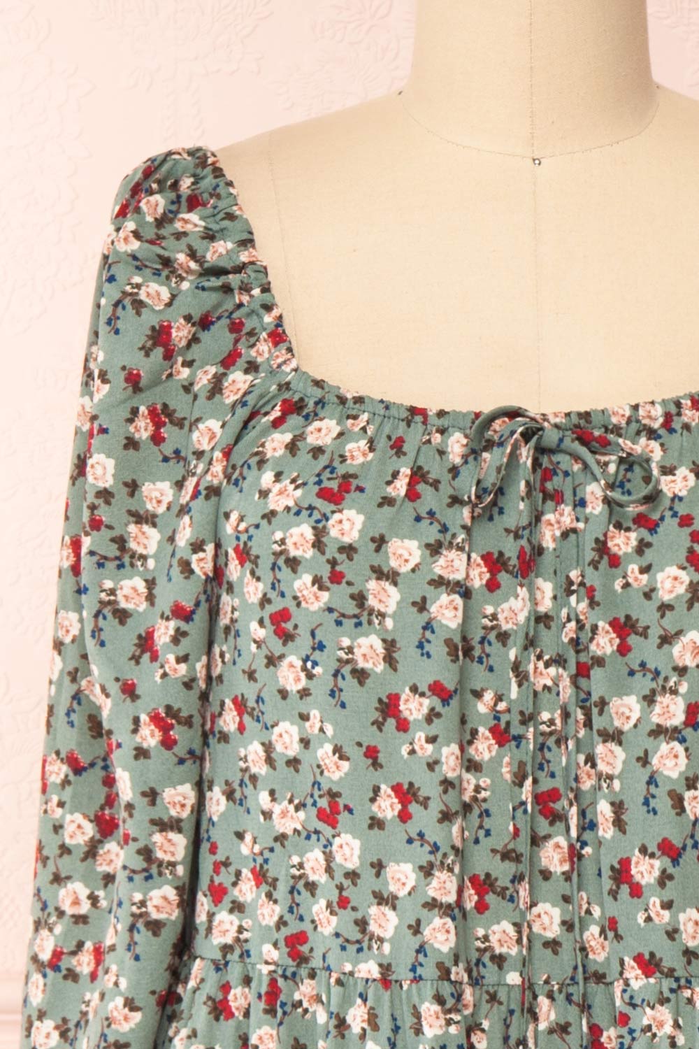 Lasair Green Floral Layered Midi Dress | La petite garçonne front close-up