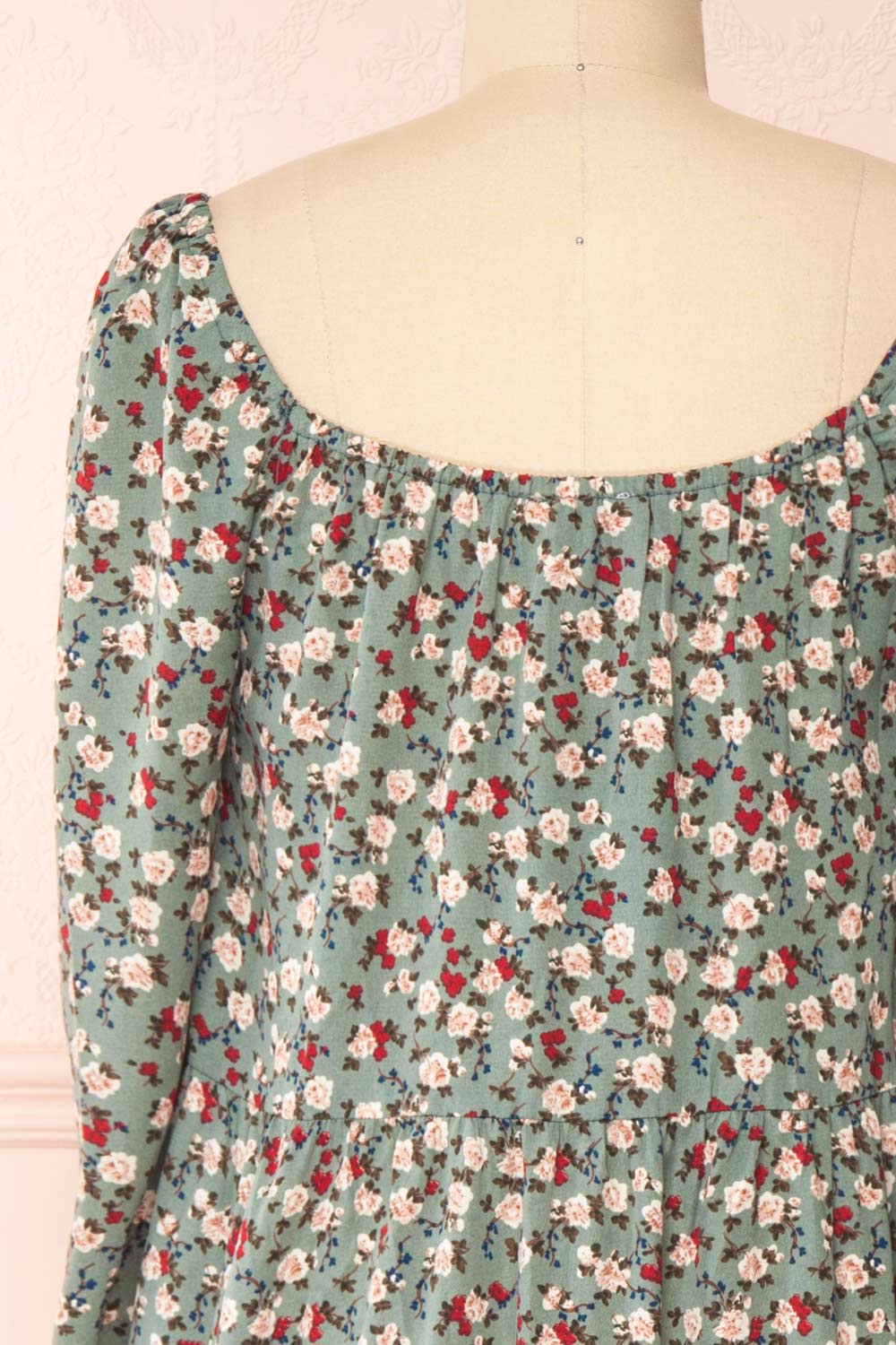 Lasair Green Floral Layered Midi Dress | La petite garçonne back close-up