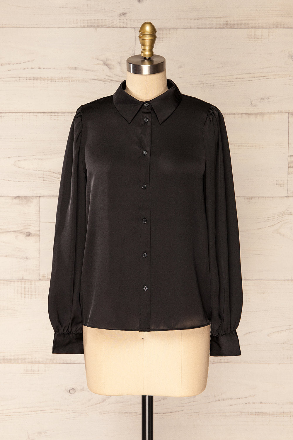 Lasatine Black Satin Shirt w/ Puff Sleeves | La petite garçonne front view