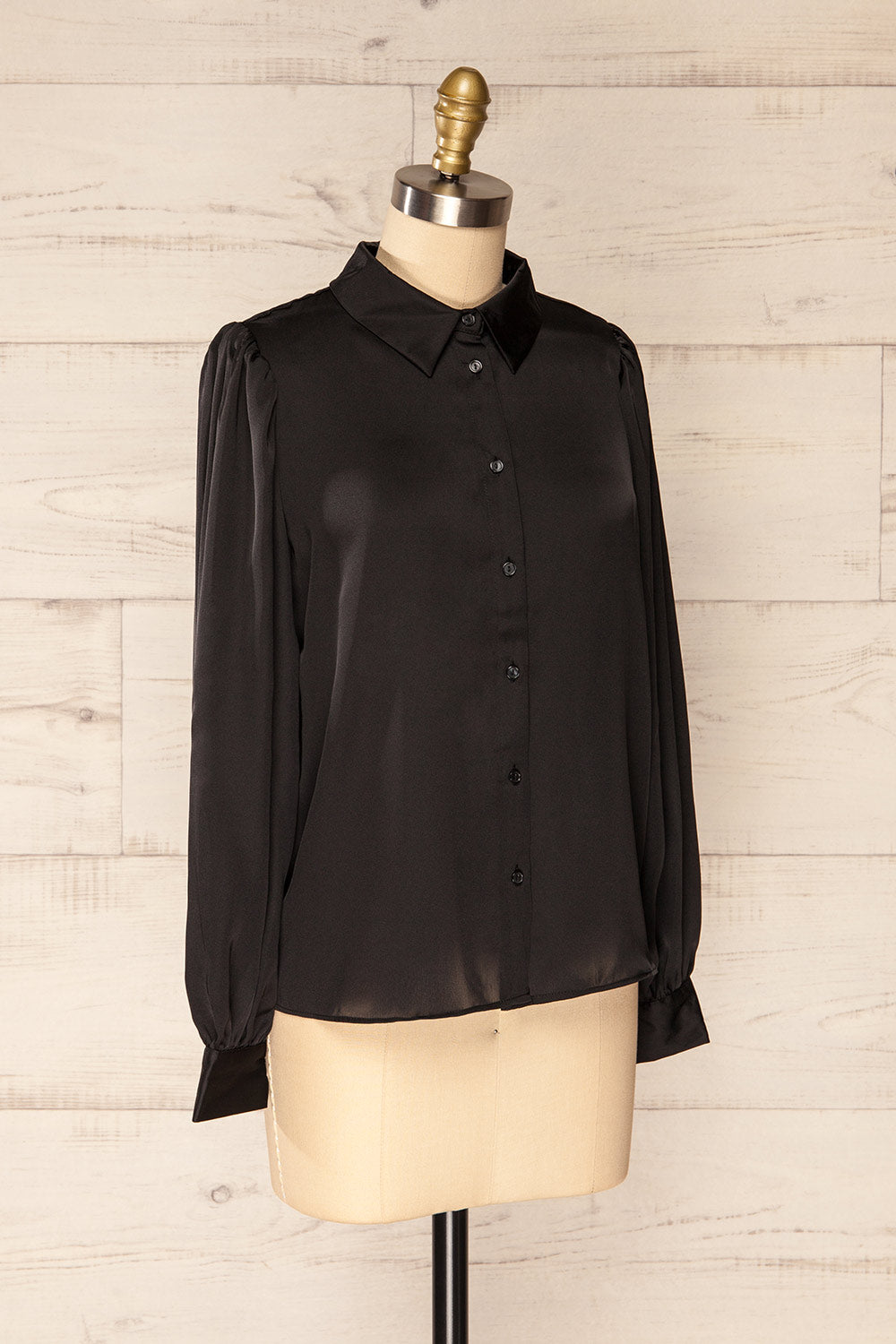 Lasatine Black Satin Shirt w/ Puff Sleeves | La petite garçonne side view