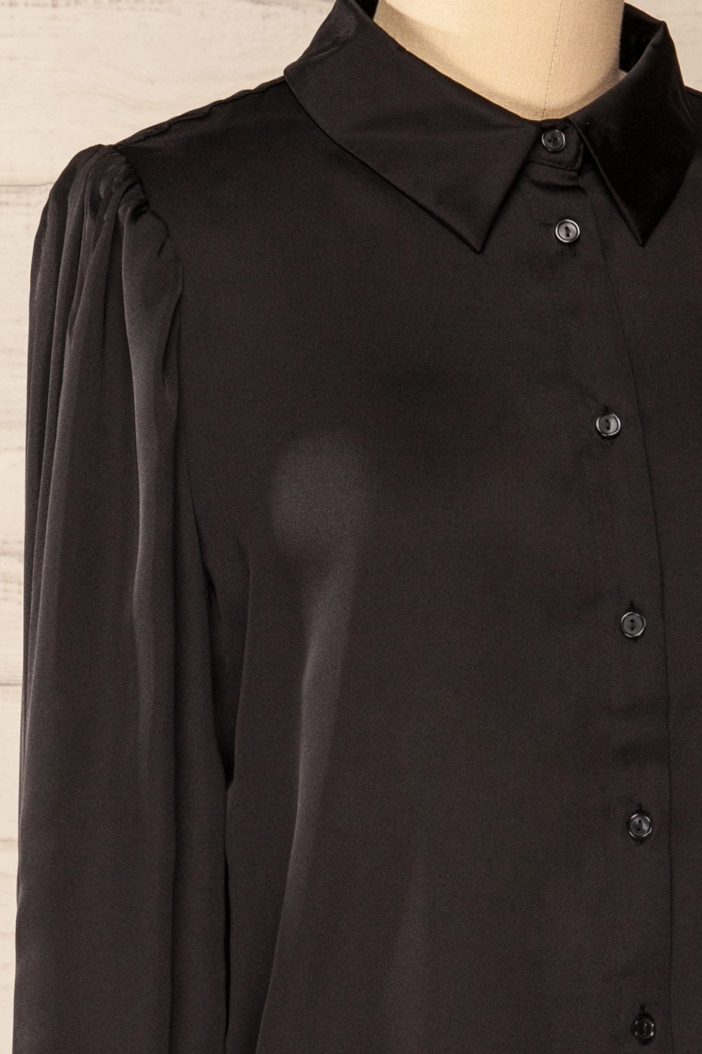 Lasatine Black Satin Shirt w/ Puff Sleeves | La petite garçonne side close-up