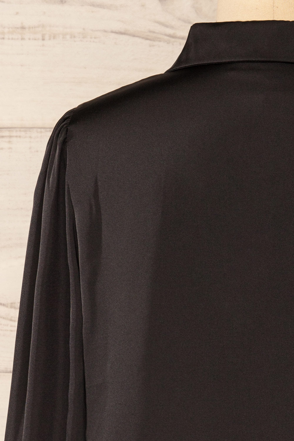 Lasatine Black Satin Shirt w/ Puff Sleeves | La petite garçonne back close-up