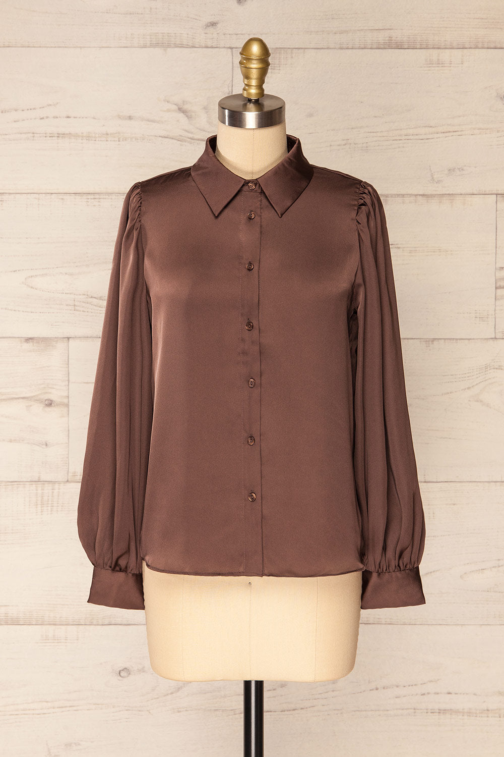 Lasatine Brown Satin Shirt w/ Puff Sleeves | La petite garçonne front view