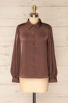 Lasatine Brown Satin Shirt w/ Puff Sleeves | La petite garçonne front view
