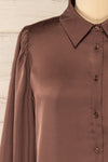 Lasatine Brown Satin Shirt w/ Puff Sleeves | La petite garçonne front close-up