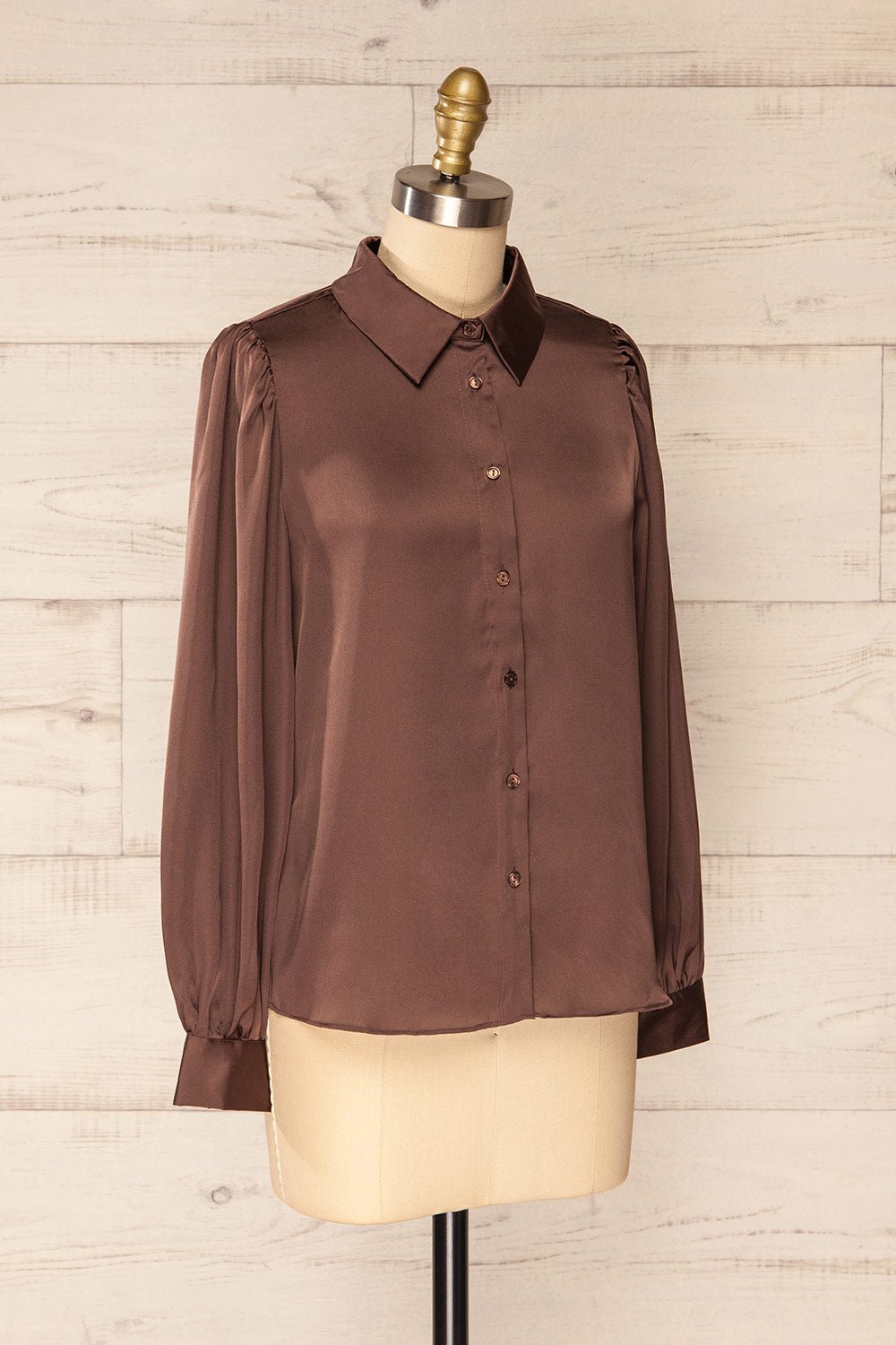 Lasatine Brown Satin Shirt w/ Puff Sleeves | La petite garçonne side view