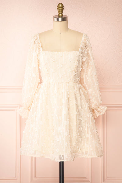 Laudat Short Beige Plumetis Dress w/ Puffy Sleeves | Boutique 1861 front view