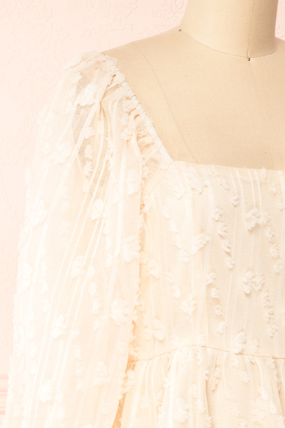 Laudat Short Beige Plumetis Dress w/ Puffy Sleeves | Boutique 1861 side close-up