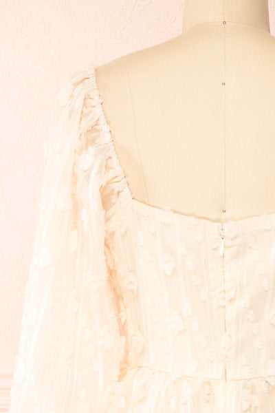 Laudat Short Beige Plumetis Dress w/ Puffy Sleeves | Boutique 1861 back close-up