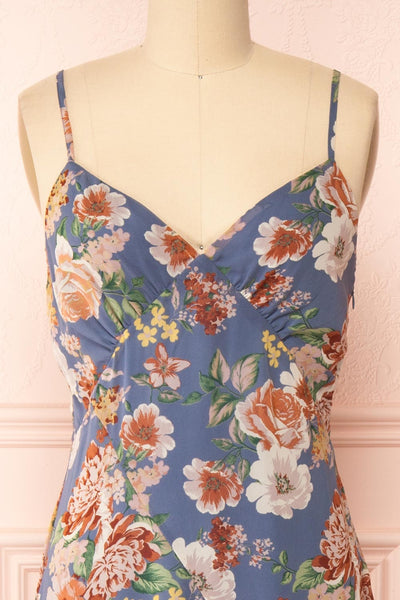 Laurence Blue Floral Midi Dress w/ Slit | Boutique 1861 front close-up