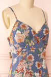 Laurence Blue Floral Midi Dress w/ Slit | Boutique 1861 side close-up