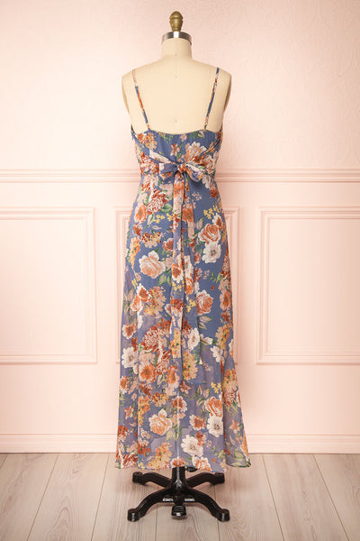Laurence Blue Floral Midi Dress w/ Slit | Boutique 1861 back view