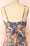 Laurence Blue Floral Midi Dress w/ Slit | Boutique 1861 back close-up