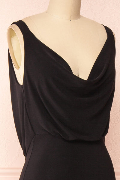 Laurie Black Cowl Neck Maxi Dress w/ Open Back | Boutique 1861 side close-up