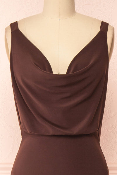 Laurie Brown Cowl Neck Maxi Dress w/ Open Back | Boutique 1861 front close-up