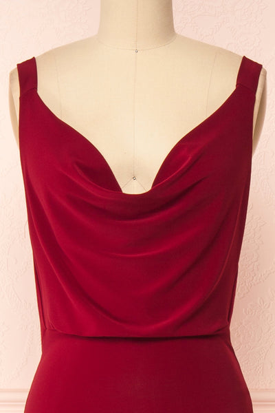 Laurie Burgundy Cowl Neck Maxi Dress w/ Open Back | Boutique 1861 front close-up