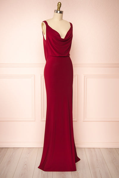 Laurie Burgundy Cowl Neck Maxi Dress w/ Open Back | Boutique 1861 side view