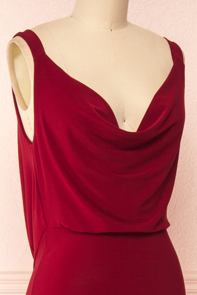 Laurie Burgundy Cowl Neck Maxi Dress w/ Open Back | Boutique 1861 side close-up