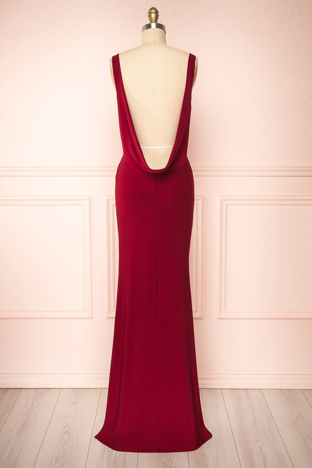 Laurie Burgundy Cowl Neck Maxi Dress w/ Open Back | Boutique 1861 back view