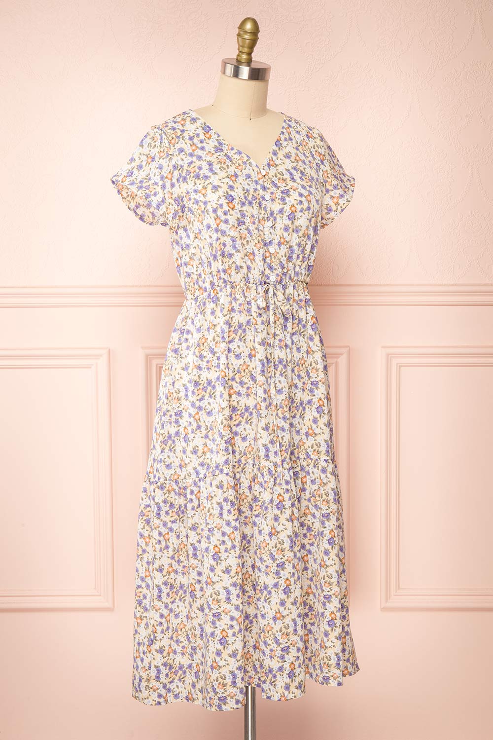 Laurye Yellow Midi Floral Dress w/ Elastic Waist | Boutique 1861  side view